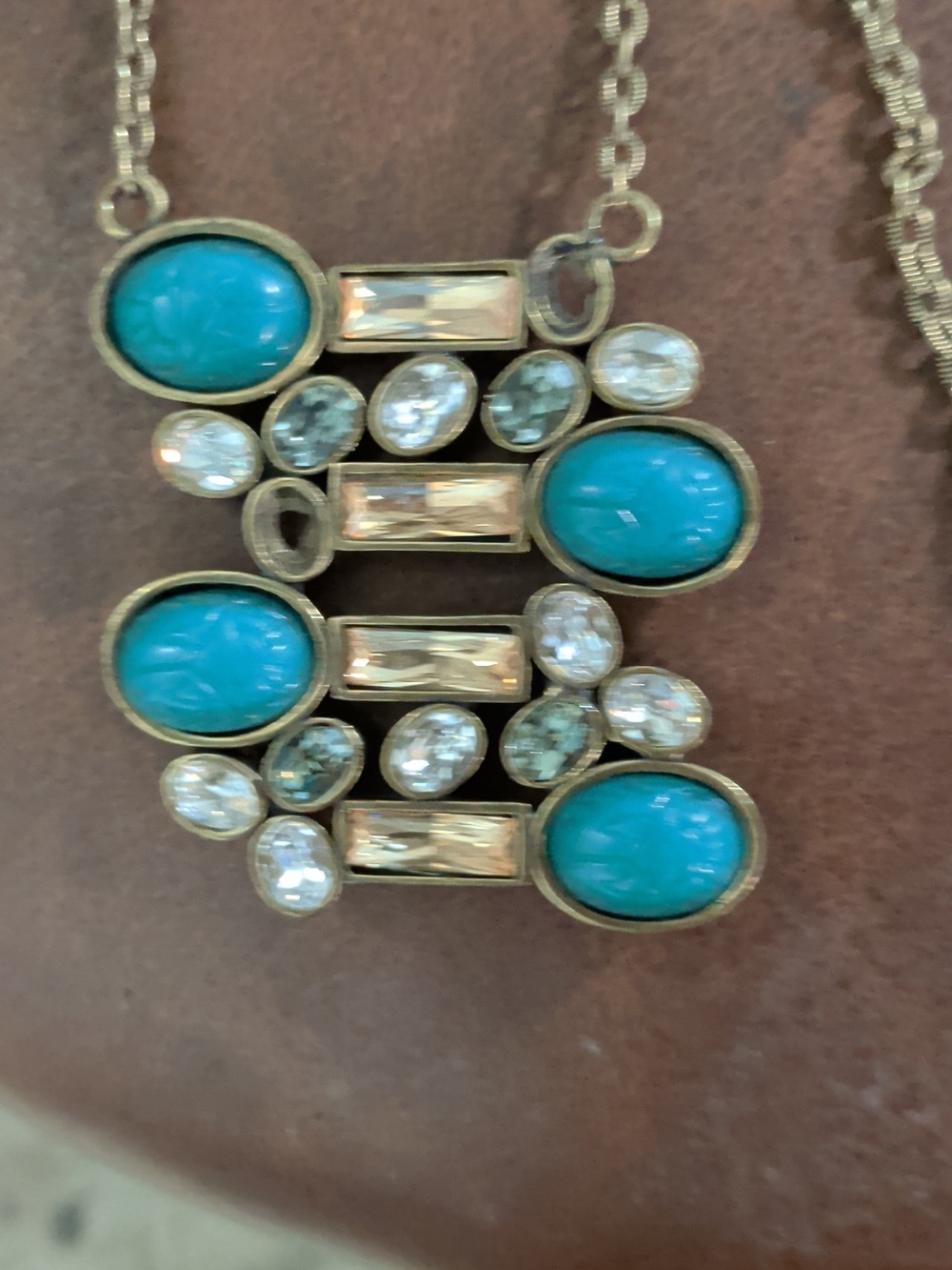 tba Gold-Tone Necklace with Turquoise and Clear Stones
